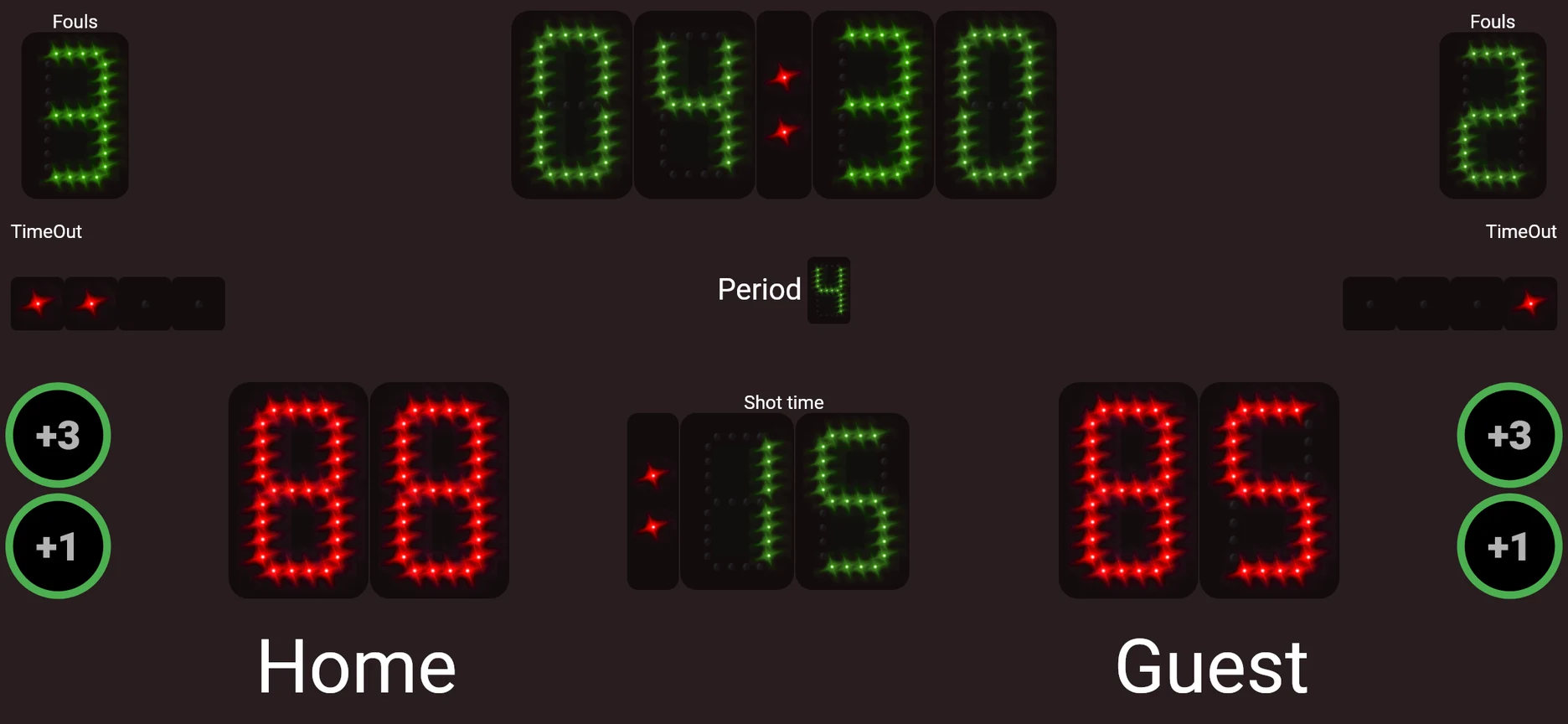 Basketball scoreboard during a game: score 88-85, fourth period, game clock at 04:30 and the 24-second shot clock.
